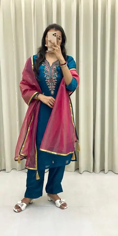  BE 301 Peacock Blue Color Fendi Silk Hand Work Salwar Suit Casual, Wedding, Party, Festive, Events Etc.4-6 Working Days@ 1799/-only | Casual Suits, Jump Suits, Salwar suit, Creative suits, Designer Suits, Palazzo Suits, Party Wear Suits, Patiala Suits, Straight Suits