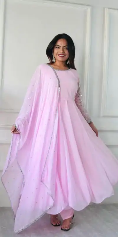 VLM 256 Baby Pink Color Foix Georgette With Embroidery Work Anarkali Gown Casual, Wedding, Party, Festive, Events Etc.4-6 Working Days@ 1899/-only | Gowns, Bollywood Gowns, Creative Gowns, Designer Gowns, Embroidered Gowns, Party Wear Gowns