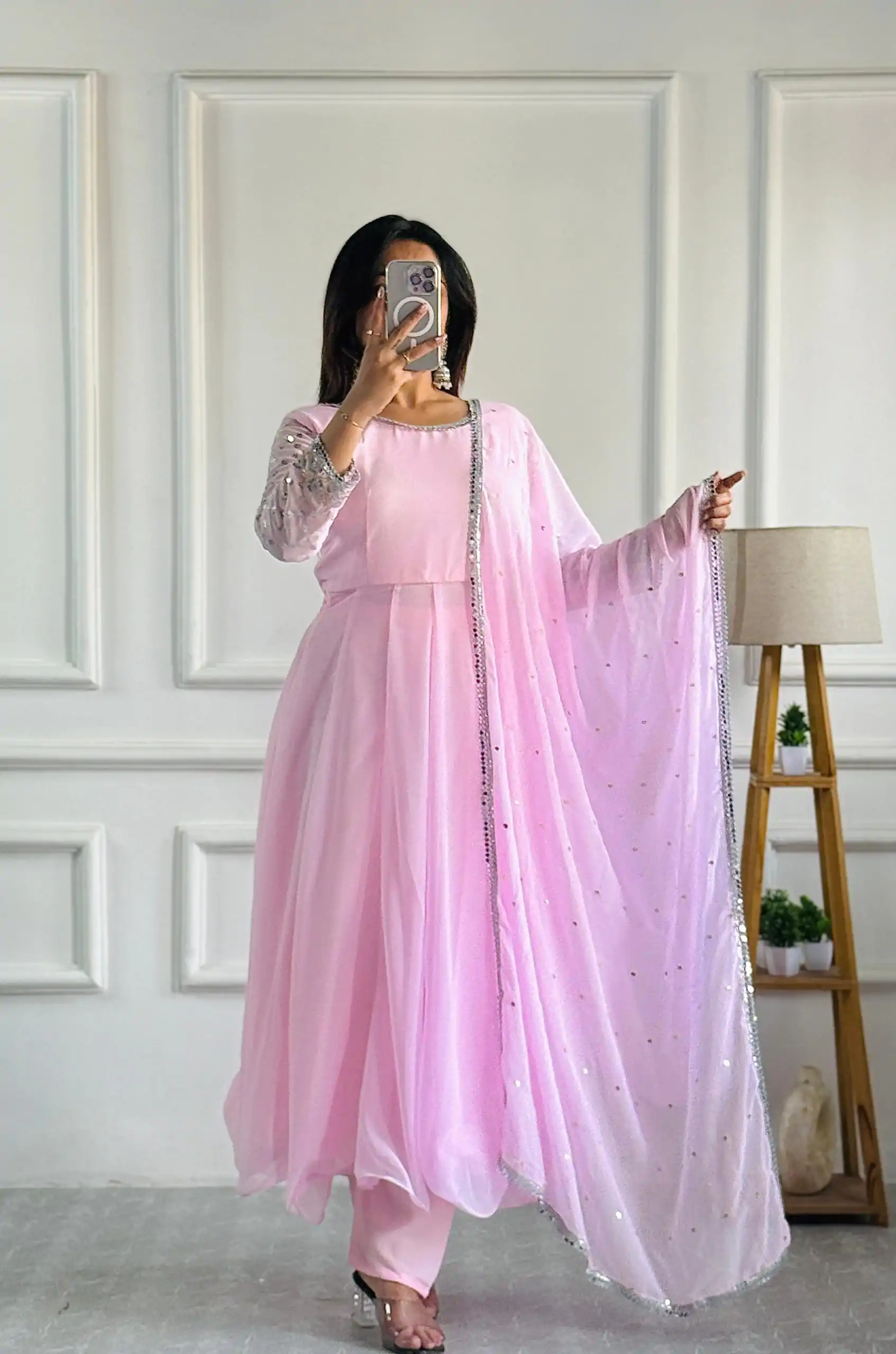VLM 256 Baby Pink Color Foix Georgette With Embroidery Work Anarkali Gown Casual, Wedding, Party, Festive, Events Etc.4-6 Working Days@ 1899/-only | Gowns, Bollywood Gowns, Creative Gowns, Designer Gowns, Embroidered Gowns, Party Wear Gowns
