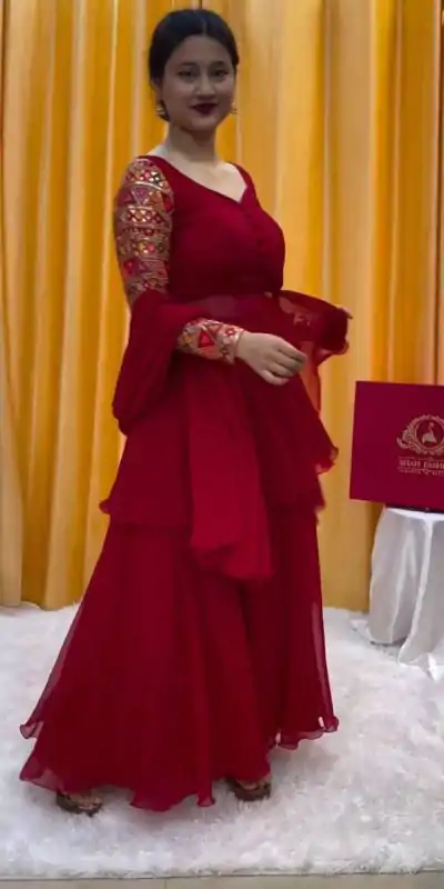 PC 343 Red Fox Georgette Thread Work With Fancy Button Salwar Suit Casual, Wedding, Party, Festive, Events Etc.4-6 Working Days@ 2029/-only | Casual Suits, Jump Suits, Salwar suit, Creative suits, Designer Suits, Palazzo Suits, Party Wear Suits, Patiala Suits, Straight Suits