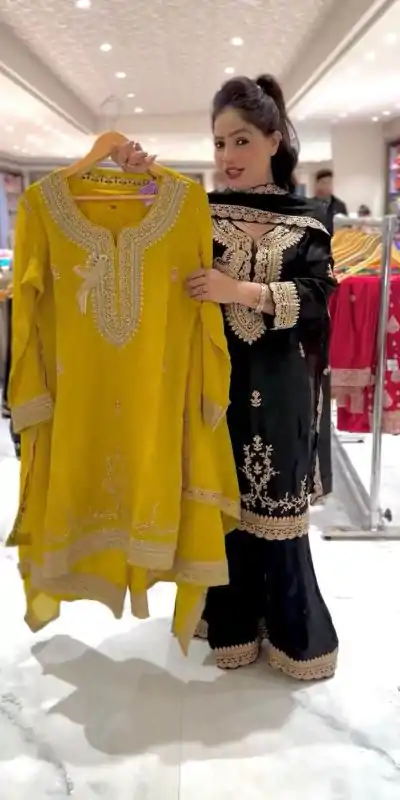 NSR 840 Yellow Black Color Faux Georgette With Embroidery Sequence Work Salwar Suit Casual, Wedding, Party, Festive, Events Etc.4-6 Working Days@ 1999/-only | Casual Suits, Jump Suits, Salwar suit, Creative suits, Designer Suits, Palazzo Suits, Party Wear Suits, Patiala Suits, Straight Suits