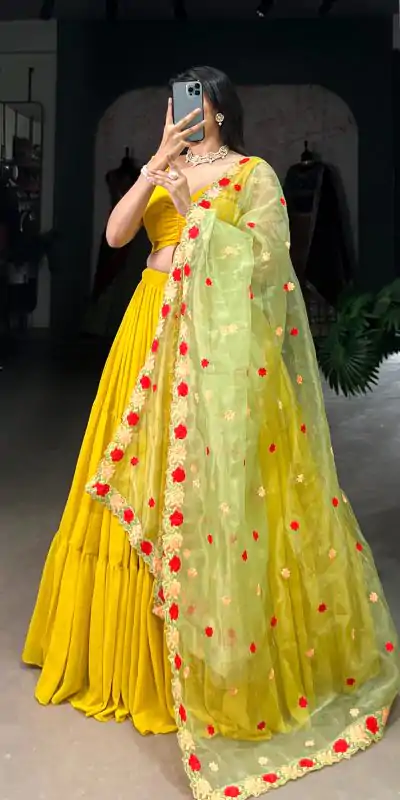 LNB 1348 Yellow Color Georgette Plain Lehenga Choli Wedding , Party , Festive , Ect @2149/- Only | Lehenga, Bollywood Lehenga, Creative Lehenga, Designer Lehenga, Embroidered Lehenga, Party Wear Lehenga