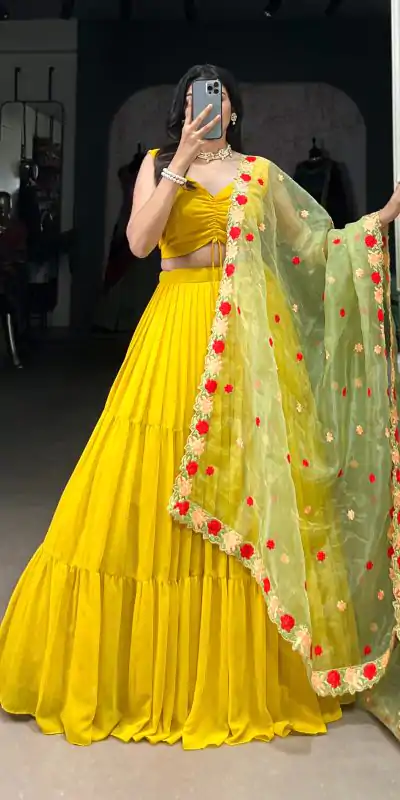 LNB 1348 Yellow Color Georgette Plain Lehenga Choli Wedding , Party , Festive , Ect @2149/- Only | Lehenga, Bollywood Lehenga, Creative Lehenga, Designer Lehenga, Embroidered Lehenga, Party Wear Lehenga
