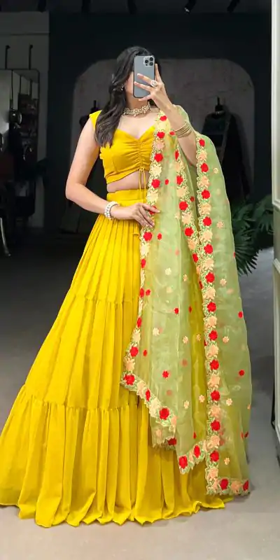 LNB 1348 Yellow Color Georgette Plain Lehenga Choli Wedding , Party , Festive , Ect @2149/- Only | Lehenga, Bollywood Lehenga, Creative Lehenga, Designer Lehenga, Embroidered Lehenga, Party Wear Lehenga