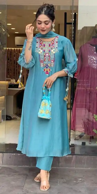 MF 748 Blue Color Chanderi Silk With Mirror Work Embroidery Salwar Suit Casual, Wedding, Party, Festive, Events Etc.4-6 Working Days@ 1599/-only | Casual Suits, Jump Suits, Salwar suit, Creative suits, Designer Suits, Palazzo Suits, Party Wear Suits, Patiala Suits, Straight Suits
