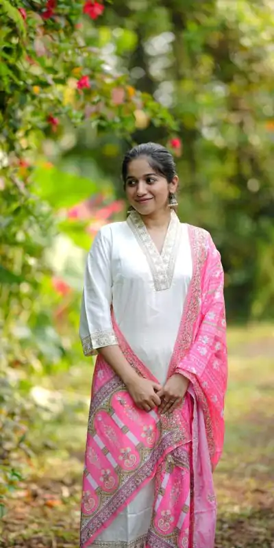 MF 726 Half White Color Roman Silk With Pink Dupatta Coding Work Salwar Suit Casual, Wedding, Party, Festive, Events Etc.4-6 Working Days@ 1699/-only | Casual Suits, Jump Suits, Salwar suit, Creative suits, Designer Suits, Palazzo Suits, Party Wear Suits, Patiala Suits, Straight Suits