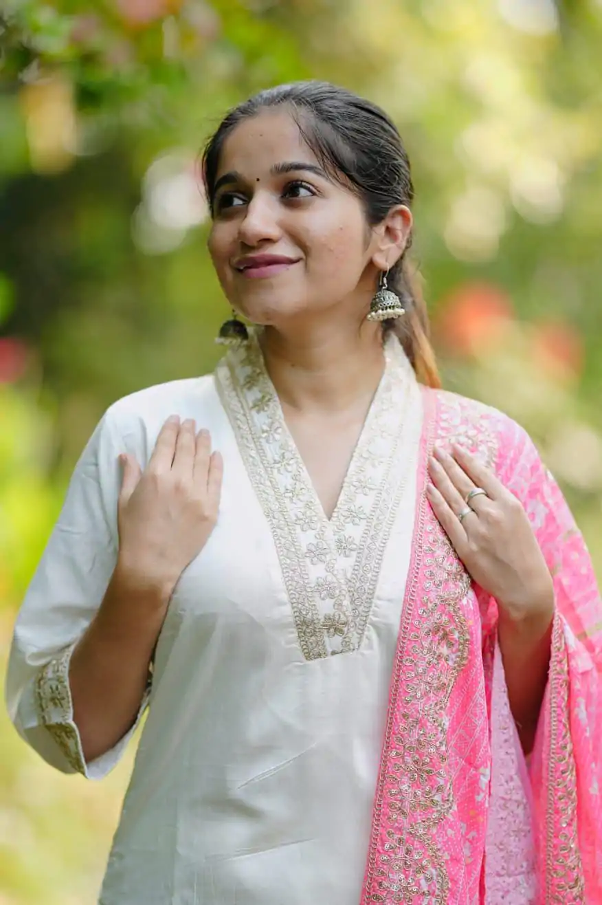 MF 726 Half White Color Roman Silk With Pink Dupatta Coding Work Salwar Suit Casual, Wedding, Party, Festive, Events Etc.4-6 Working Days@ 1699/-only | Casual Suits, Jump Suits, Salwar suit, Creative suits, Designer Suits, Palazzo Suits, Party Wear Suits, Patiala Suits, Straight Suits