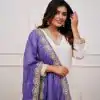 MF 726 Half White Color Roman Silk With Purple Dupatta Coding Work Salwar Suit Casual, Wedding, Party, Festive, Events Etc.4-6 Working Days@ 1699/-only | Casual Suits, Jump Suits, Salwar suit, Creative suits, Designer Suits, Palazzo Suits, Party Wear Suits, Patiala Suits, Straight Suits