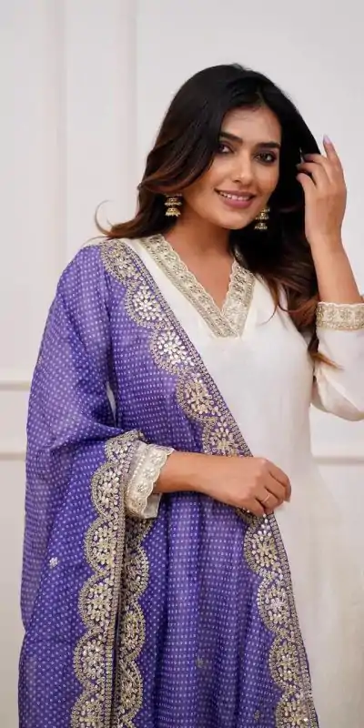 MF 726 Half White Color Roman Silk With Purple Dupatta Coding Work Salwar Suit Casual, Wedding, Party, Festive, Events Etc.4-6 Working Days@ 1699/-only | Casual Suits, Jump Suits, Salwar suit, Creative suits, Designer Suits, Palazzo Suits, Party Wear Suits, Patiala Suits, Straight Suits