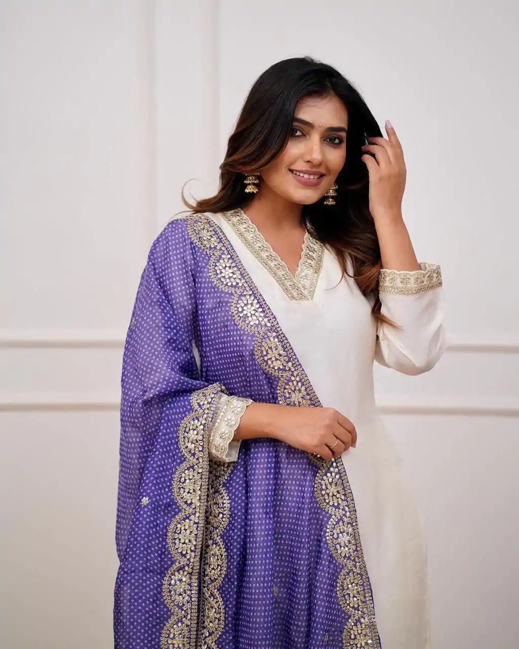 MF 726 Half White Color Roman Silk With Purple Dupatta Coding Work Salwar Suit Casual, Wedding, Party, Festive, Events Etc.4-6 Working Days@ 1699/-only | Casual Suits, Jump Suits, Salwar suit, Creative suits, Designer Suits, Palazzo Suits, Party Wear Suits, Patiala Suits, Straight Suits