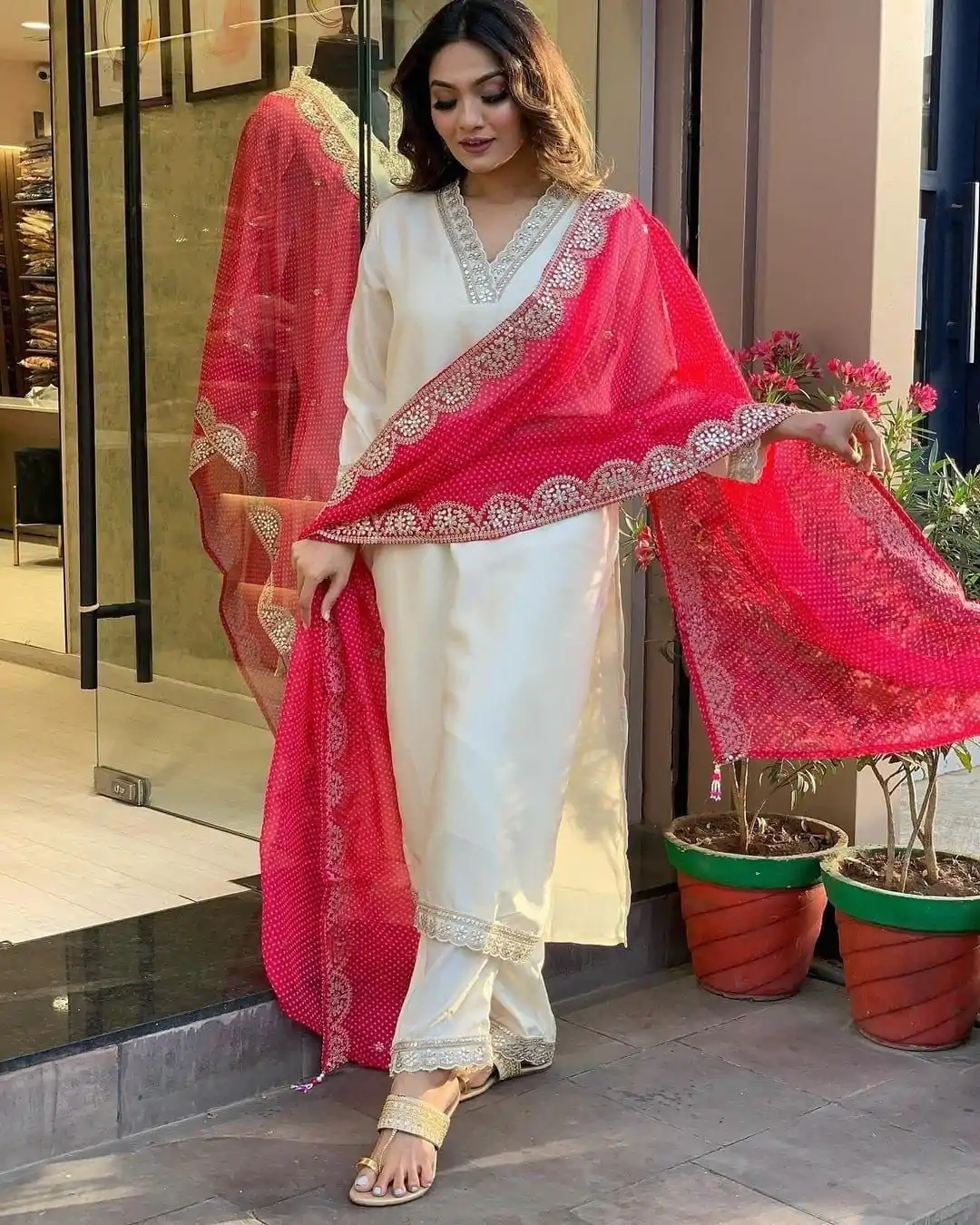 MF 726 Half White Color Roman Silk With Red Dupatta Coding Work Salwar Suit Casual, Wedding, Party, Festive, Events Etc.4-6 Working Days@ 1699/-only | Casual Suits, Jump Suits, Salwar suit, Creative suits, Designer Suits, Palazzo Suits, Party Wear Suits, Patiala Suits, Straight Suits