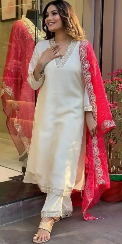 MF 726 Half White Color Roman Silk With Red Dupatta Coding Work Salwar Suit Casual, Wedding, Party, Festive, Events Etc.4-6 Working Days@ 1699/-only | Casual Suits, Jump Suits, Salwar suit, Creative suits, Designer Suits, Palazzo Suits, Party Wear Suits, Patiala Suits, Straight Suits