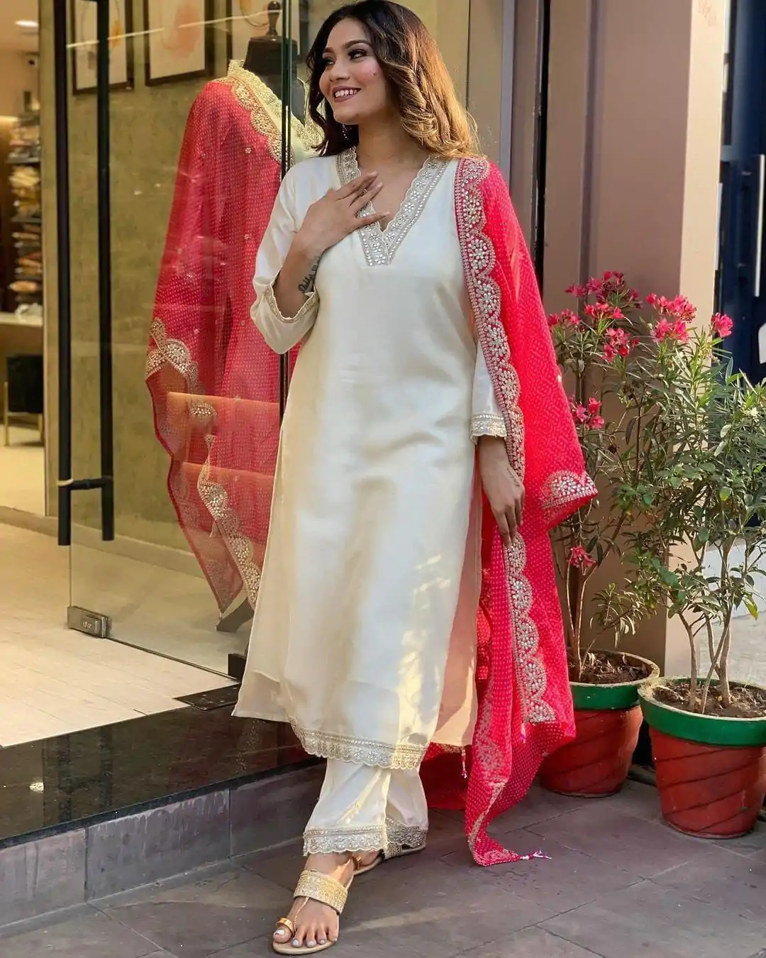 MF 726 Half White Color Roman Silk With Red Dupatta Coding Work Salwar Suit Casual, Wedding, Party, Festive, Events Etc.4-6 Working Days@ 1699/-only | Casual Suits, Jump Suits, Salwar suit, Creative suits, Designer Suits, Palazzo Suits, Party Wear Suits, Patiala Suits, Straight Suits