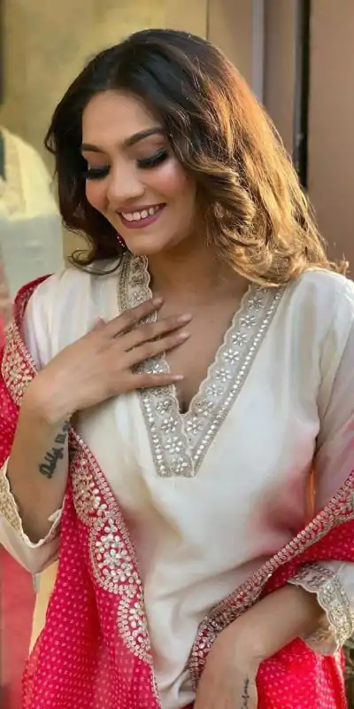 MF 726 Half White Color Roman Silk With Red Dupatta Coding Work Salwar Suit Casual, Wedding, Party, Festive, Events Etc.4-6 Working Days@ 1699/-only | Casual Suits, Jump Suits, Salwar suit, Creative suits, Designer Suits, Palazzo Suits, Party Wear Suits, Patiala Suits, Straight Suits