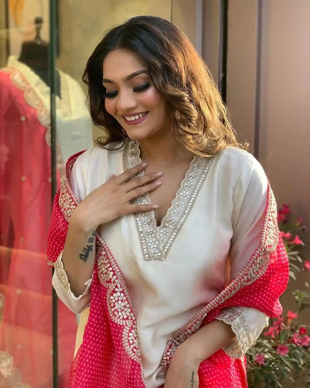 MF 726 Half White Color Roman Silk With Red Dupatta Coding Work Salwar Suit Casual, Wedding, Party, Festive, Events Etc.4-6 Working Days@ 1699/-only | Casual Suits, Jump Suits, Salwar suit, Creative suits, Designer Suits, Palazzo Suits, Party Wear Suits, Patiala Suits, Straight Suits