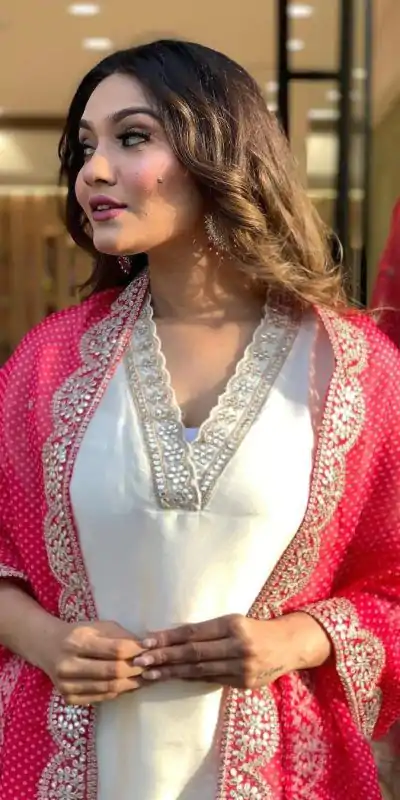 MF 726 Half White Color Roman Silk With Red Dupatta Coding Work Salwar Suit Casual, Wedding, Party, Festive, Events Etc.4-6 Working Days@ 1699/-only | Casual Suits, Jump Suits, Salwar suit, Creative suits, Designer Suits, Palazzo Suits, Party Wear Suits, Patiala Suits, Straight Suits