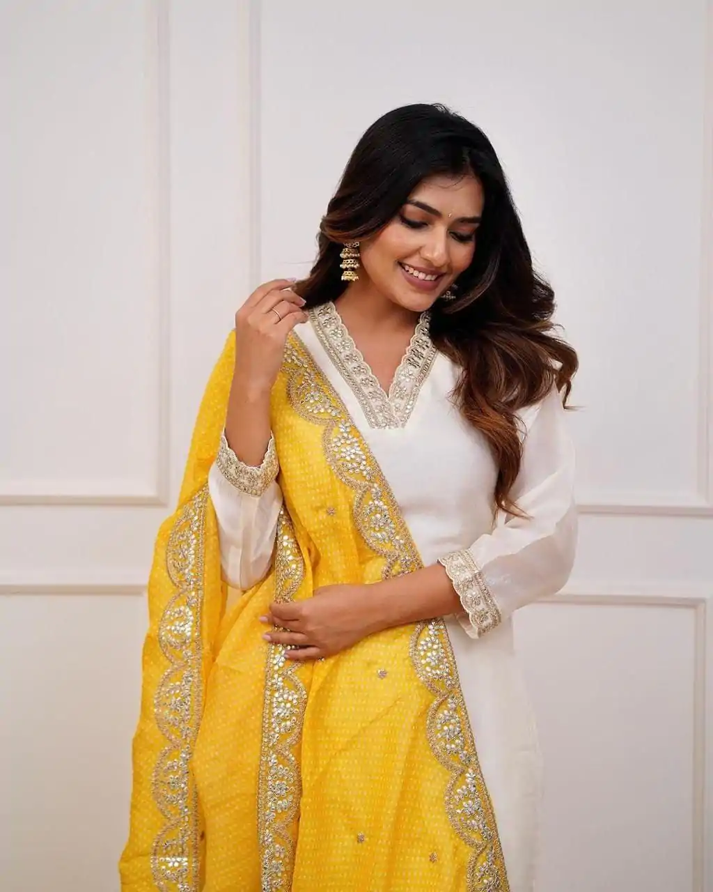 MF 726 Half White Color Roman Silk With Yellow Dupatta Coding Work Salwar Suit Casual, Wedding, Party, Festive, Events Etc.4-6 Working Days@ 1699/-only | Casual Suits, Jump Suits, Salwar suit, Creative suits, Designer Suits, Palazzo Suits, Party Wear Suits, Patiala Suits, Straight Suits