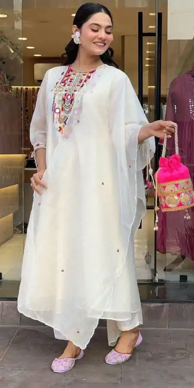 MF 748 White Color Chanderi Silk With Mirror Work Embroidery Salwar Suit Casual, Wedding, Party, Festive, Events Etc.4-6 Working Days@ 1599/-only | Casual Suits, Jump Suits, Salwar suit, Creative suits, Designer Suits, Palazzo Suits, Party Wear Suits, Patiala Suits, Straight Suits