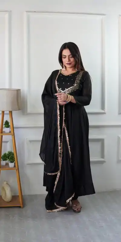VLM 238 Black Color Star Georgette With Embroidery Work Anarkali Gown Casual, Wedding, Party, Festive, Events Etc.4-6 Working Days@ 1999/-only | Gowns, Bollywood Gowns, Creative Gowns, Designer Gowns, Embroidered Gowns, Party Wear Gowns