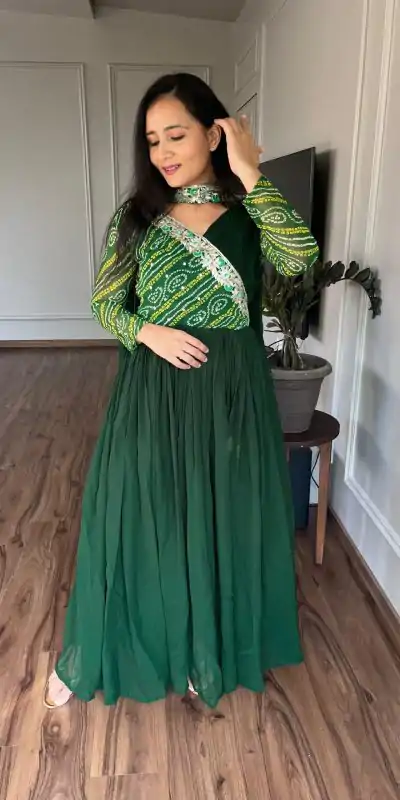 Ram 058 Green Color Bandhej With Fox Georgette 3mm Sequence Embroidery Work Anarkali Gown Wedding Party, Festive, Events Etc.4-6 Working Days@1899/- only | Gowns, Bollywood Gowns, Creative Gowns, Designer Gowns, Embroidered Gowns, Party Wear Gowns, Straight Suits