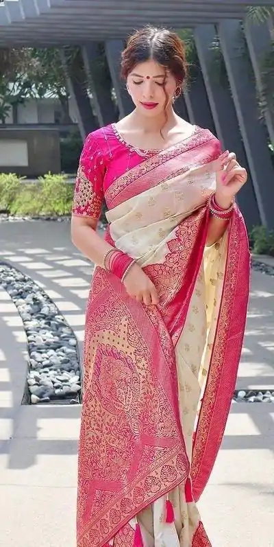 KP 4095 Half White Color Soft Lichi Silk Jacquard Work On All Over Saree Casual, Wedding, Festive, Events . Expected Delivery  4-6 Working Days @1499/- only                                                                                                                                             | Designer Sarees, Embroidered Sarees, Sarees, Bollywood Sarees, Creative Sarees, Ethnic Saree, Modern Digital sarees, Party Wear Sarees