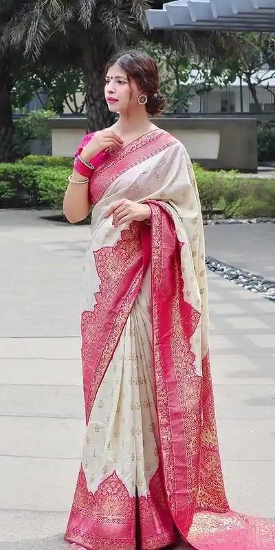 KP 4095 Half White Color Soft Lichi Silk Jacquard Work On All Over Saree Casual, Wedding, Festive, Events . Expected Delivery  4-6 Working Days @1499/- only                                                                                                                                             | Designer Sarees, Embroidered Sarees, Sarees, Bollywood Sarees, Creative Sarees, Ethnic Saree, Modern Digital sarees, Party Wear Sarees