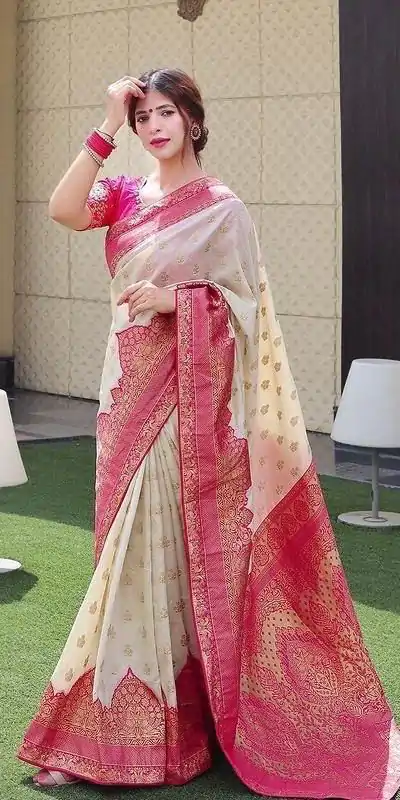 KP 4095 Half White Color Soft Lichi Silk Jacquard Work On All Over Saree Casual, Wedding, Festive, Events . Expected Delivery  4-6 Working Days @1499/- only                                                                                                                                             | Designer Sarees, Embroidered Sarees, Sarees, Bollywood Sarees, Creative Sarees, Ethnic Saree, Modern Digital sarees, Party Wear Sarees