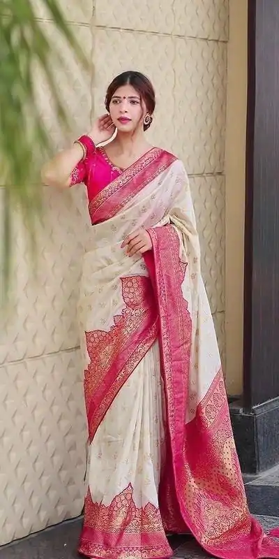 KP 4095 Half White Color Soft Lichi Silk Jacquard Work On All Over Saree Casual, Wedding, Festive, Events . Expected Delivery  4-6 Working Days @1499/- only                                                                                                                                             | Designer Sarees, Embroidered Sarees, Sarees, Bollywood Sarees, Creative Sarees, Ethnic Saree, Modern Digital sarees, Party Wear Sarees