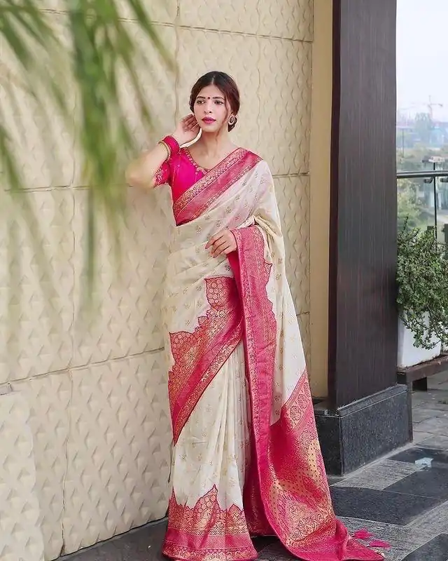KP 4095 Half White Color Soft Lichi Silk Jacquard Work On All Over Saree Casual, Wedding, Festive, Events . Expected Delivery  4-6 Working Days @1499/- only                                                                                                                                             | Designer Sarees, Embroidered Sarees, Sarees, Bollywood Sarees, Creative Sarees, Ethnic Saree, Modern Digital sarees, Party Wear Sarees