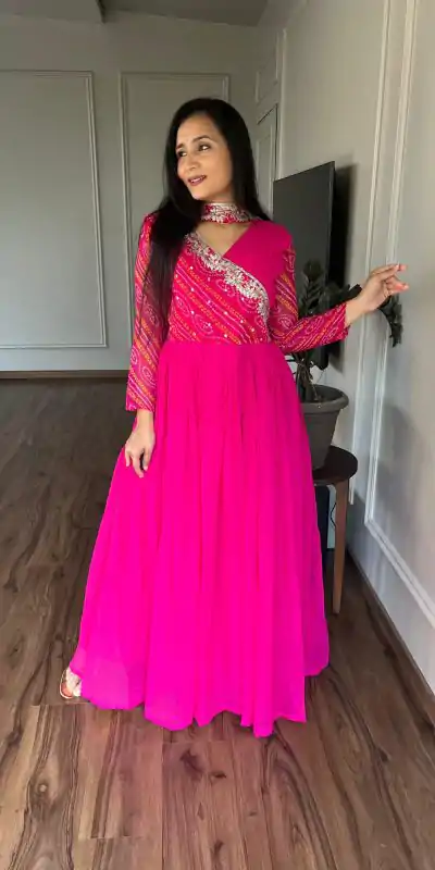 Ram 058 Pink Color Bandhej With Fox Georgette 3mm Sequence Embroidery Work Anarkali Gown Wedding Party, Festive, Events Etc.4-6 Working Days@1899/- only | Gowns, Bollywood Gowns, Creative Gowns, Designer Gowns, Embroidered Gowns, Party Wear Gowns, Straight Suits