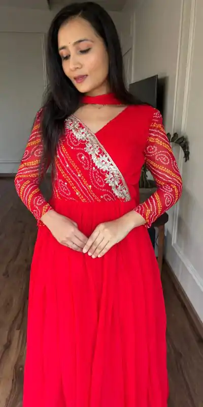 Ram 058 Red Color Bandhej With Fox Georgette 3mm Sequence Embroidery Work Anarkali Gown Wedding Party, Festive, Events Etc.4-6 Working Days@1899/- only | Gowns, Bollywood Gowns, Creative Gowns, Designer Gowns, Embroidered Gowns, Party Wear Gowns, Straight Suits