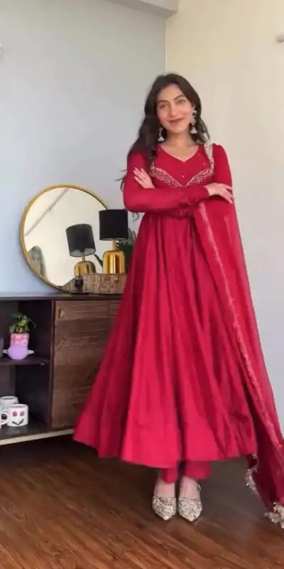 VLM 238 Red Color Star Georgette With Embroidery Work Anarkali Gown Casual, Wedding, Party, Festive, Events Etc.4-6 Working Days@ 1999/-only | Gowns, Bollywood Gowns, Creative Gowns, Designer Gowns, Embroidered Gowns, Party Wear Gowns
