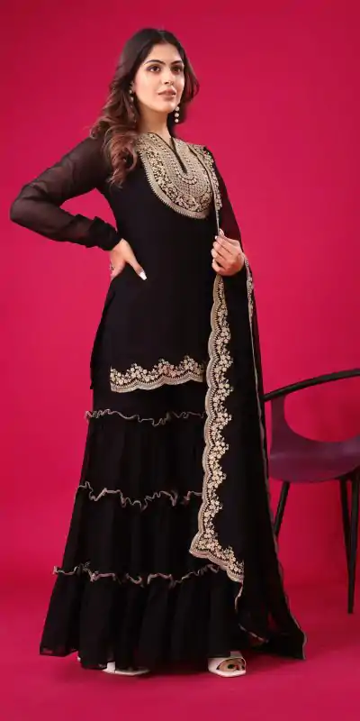 SRK 5236 Black Color Faux Georgette With Embroidery Sequence Work Salwar Suit , Wedding, Party, Festive, Events Etc.4-6 Working Days@ 2099/-only | Casual Suits, Jump Suits, Salwar suit, Creative suits, Designer Suits, Palazzo Suits, Party Wear Suits, Patiala Suits, Straight Suits