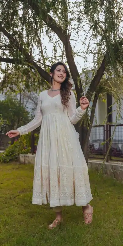 DC G43 Cream Color fox Georgette Embroidery Sequence Anarkali Gown Wedding Party, Festive, Events Etc.4-6 Working Days@2199/- only | Gowns, Bollywood Gowns, Creative Gowns, Designer Gowns, Embroidered Gowns, Party Wear Gowns, Straight Suits