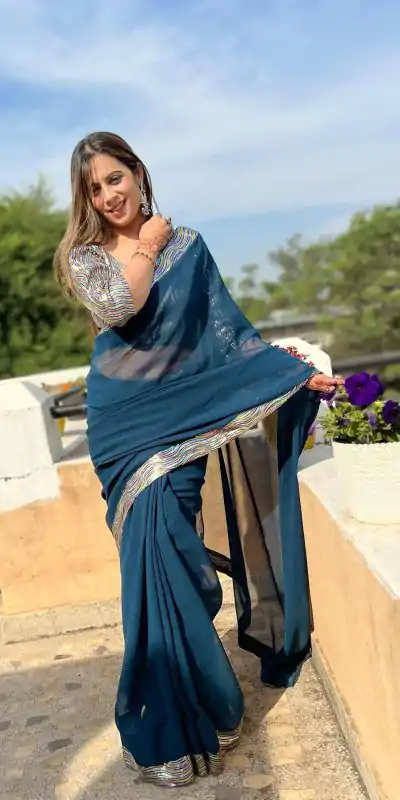 JR 579 Peacock Blue Color Georgette Sequence Work Lace With Peiping Saree Casual, Wedding, Festive, Events . Expected Delivery  4-6 Working Days @1649/- only                                                                                                                                             | Designer Sarees, Embroidered Sarees, Sarees, Bollywood Sarees, Creative Sarees, Ethnic Saree, Modern Digital sarees, Party Wear Sarees