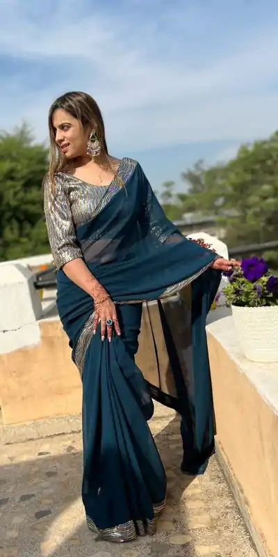 JR 579 Peacock Blue Color Georgette Sequence Work Lace With Peiping Saree Casual, Wedding, Festive, Events . Expected Delivery  4-6 Working Days @1649/- only                                                                                                                                             | Designer Sarees, Embroidered Sarees, Sarees, Bollywood Sarees, Creative Sarees, Ethnic Saree, Modern Digital sarees, Party Wear Sarees