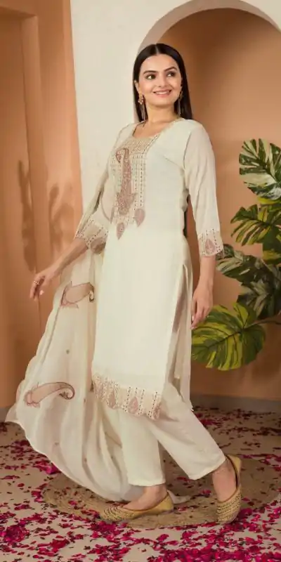 DC G87 Cream Color Fox georgette Embroidery Thread Sequence Salwar Suit Casual, Wedding, Party, Festive, Events Etc.4-6 Working Days@ 1849/-only | Casual Suits, Jump Suits, Salwar suit, Creative suits, Designer Suits, Palazzo Suits, Party Wear Suits, Patiala Suits, Straight Suits