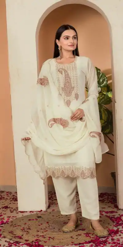 DC G87 Cream Color Fox georgette Embroidery Thread Sequence Salwar Suit Casual, Wedding, Party, Festive, Events Etc.4-6 Working Days@ 1849/-only | Casual Suits, Jump Suits, Salwar suit, Creative suits, Designer Suits, Palazzo Suits, Party Wear Suits, Patiala Suits, Straight Suits