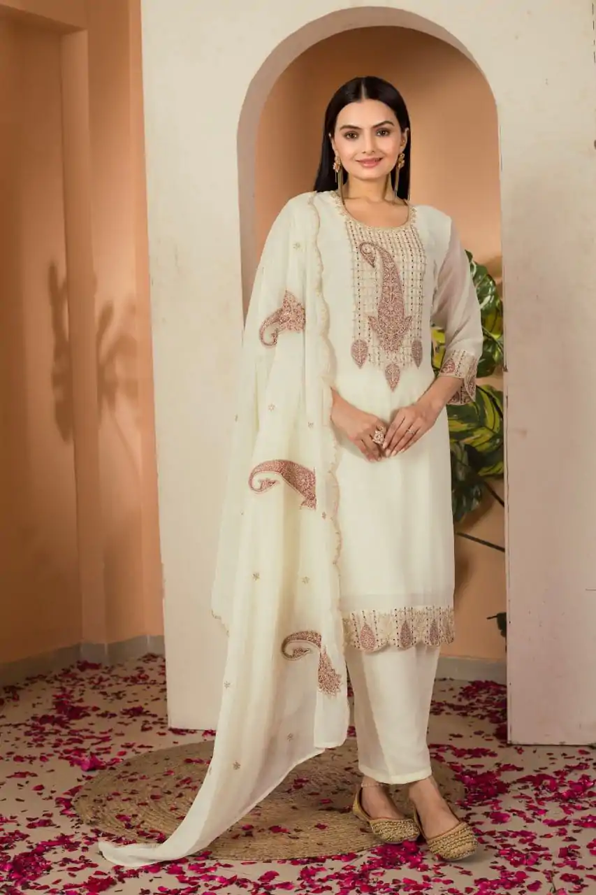 DC G87 Cream Color Fox georgette Embroidery Thread Sequence Salwar Suit Casual, Wedding, Party, Festive, Events Etc.4-6 Working Days@ 1849/-only | Casual Suits, Jump Suits, Salwar suit, Creative suits, Designer Suits, Palazzo Suits, Party Wear Suits, Patiala Suits, Straight Suits