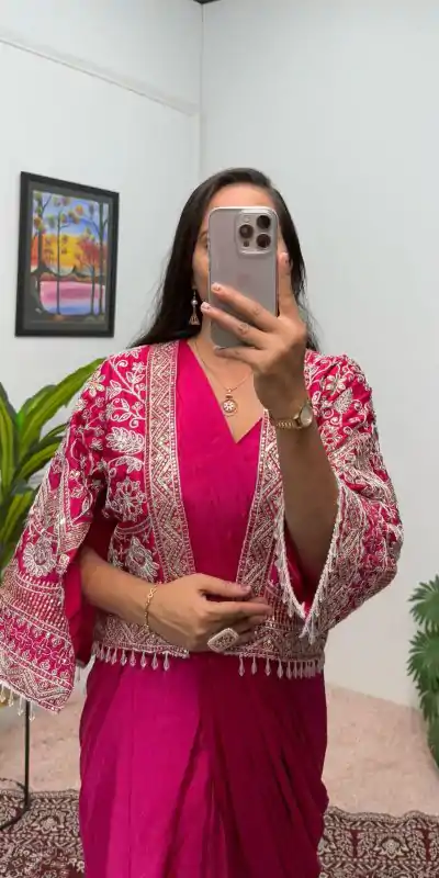 ST 1086 Pink Color Chinnon With Fully Embroidery Koti Ready To Wear Saree Wedding Party, Festive, Events Etc.4-6 Working Days@2049/- only | Designer Sarees, Embroidered Sarees, Sarees, Bollywood Sarees, Creative Sarees, Ethnic Saree, Modern Digital sarees, Party Wear Sarees