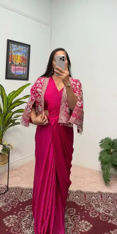 ST 1086 Pink Color Chinnon With Fully Embroidery Koti Ready To Wear Saree Wedding Party, Festive, Events Etc.4-6 Working Days@2049/- only | Designer Sarees, Embroidered Sarees, Sarees, Bollywood Sarees, Creative Sarees, Ethnic Saree, Modern Digital sarees, Party Wear Sarees