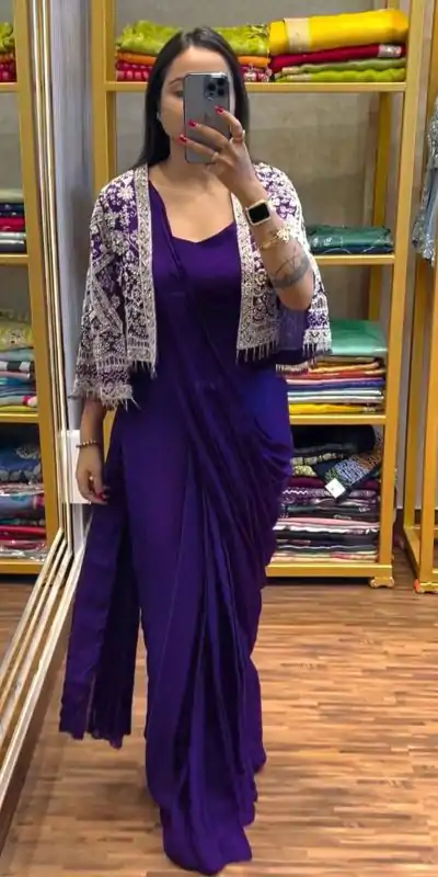 ST 1086 Purple Color Chinnon With Fully Embroidery Koti Ready To Wear Saree Wedding Party, Festive, Events Etc.4-6 Working Days@2049/- only | Designer Sarees, Embroidered Sarees, Sarees, Bollywood Sarees, Creative Sarees, Ethnic Saree, Modern Digital sarees, Party Wear Sarees