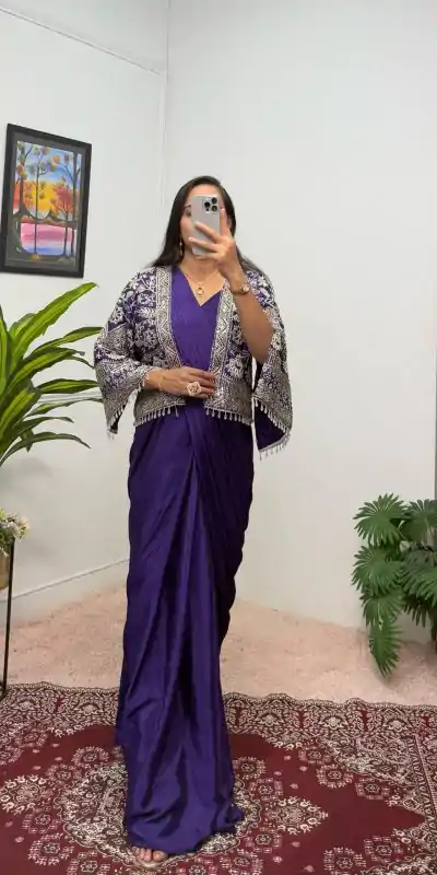 ST 1086 Purple Color Chinnon With Fully Embroidery Koti Ready To Wear Saree Wedding Party, Festive, Events Etc.4-6 Working Days@2049/- only | Designer Sarees, Embroidered Sarees, Sarees, Bollywood Sarees, Creative Sarees, Ethnic Saree, Modern Digital sarees, Party Wear Sarees