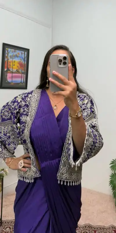 ST 1086 Purple Color Chinnon With Fully Embroidery Koti Ready To Wear Saree Wedding Party, Festive, Events Etc.4-6 Working Days@2049/- only | Designer Sarees, Embroidered Sarees, Sarees, Bollywood Sarees, Creative Sarees, Ethnic Saree, Modern Digital sarees, Party Wear Sarees