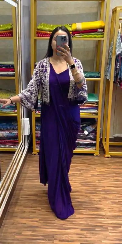 ST 1086 Purple Color Chinnon With Fully Embroidery Koti Ready To Wear Saree Wedding Party, Festive, Events Etc.4-6 Working Days@2049/- only | Designer Sarees, Embroidered Sarees, Sarees, Bollywood Sarees, Creative Sarees, Ethnic Saree, Modern Digital sarees, Party Wear Sarees