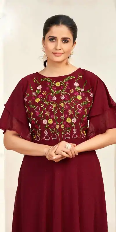 INLI Sensations Maroon Color Georgette Butti Embroidery Thread Work Gown , Wedding, Party, Festive, Events Etc. Expected Delivery 4-6 Working Days @1549/ | Gowns, Bollywood Gowns, Creative Gowns, Designer Gowns, Embroidered Gowns, Party Wear Gowns