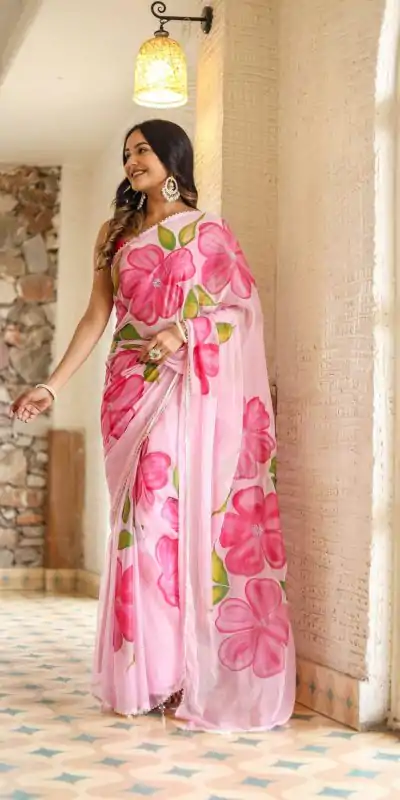 SC 409 Pink Color Pure Soft Georgette Silk All Over Saree Casual, Wedding, Festive, Events . Expected Delivery  4-6 Working Days @1599/- only                                                                                                                                           | Designer Sarees, Embroidered Sarees, Sarees, Bollywood Sarees, Creative Sarees, Ethnic Saree, Modern Digital sarees, Party Wear Sarees