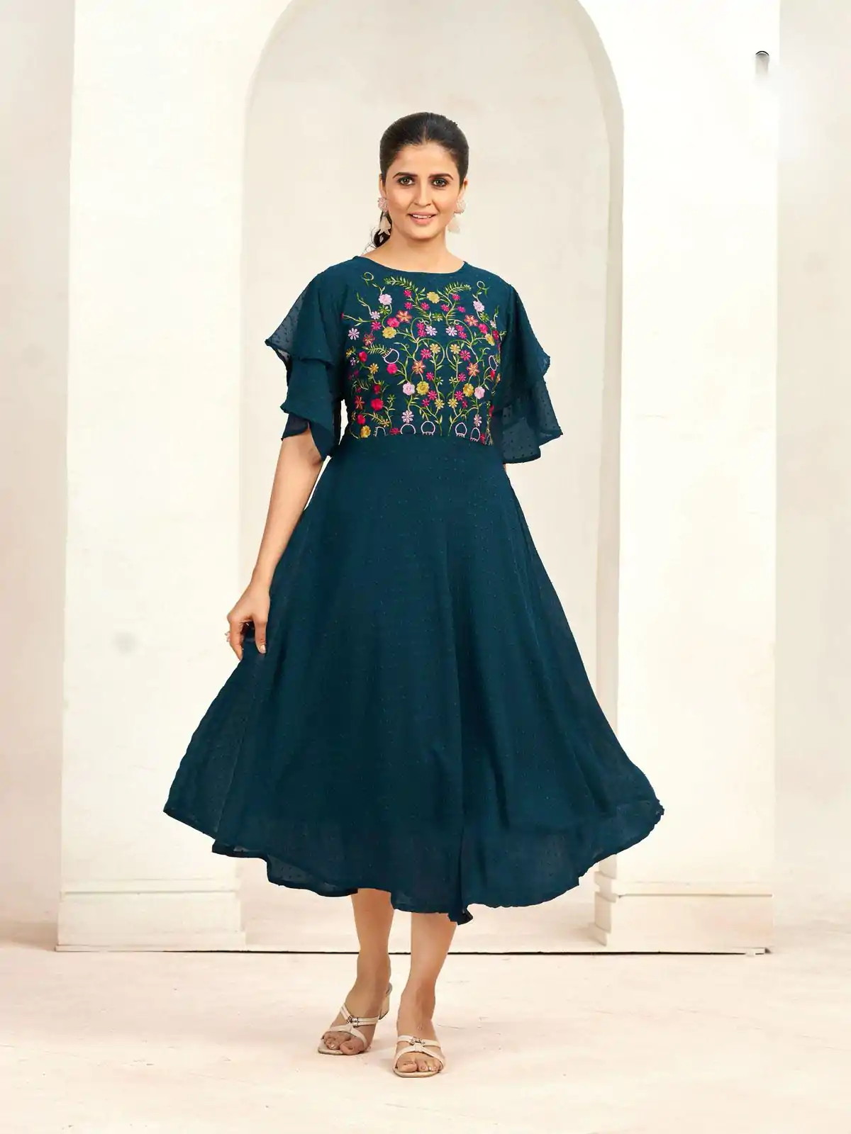 INLI Sensations Navy Blue Color Georgette Butti Embroidery Thread Work Gown , Wedding, Party, Festive, Events Etc. Expected Delivery 4-6 Working Days @1549/ | Gowns, Bollywood Gowns, Creative Gowns, Designer Gowns, Embroidered Gowns, Party Wear Gowns
