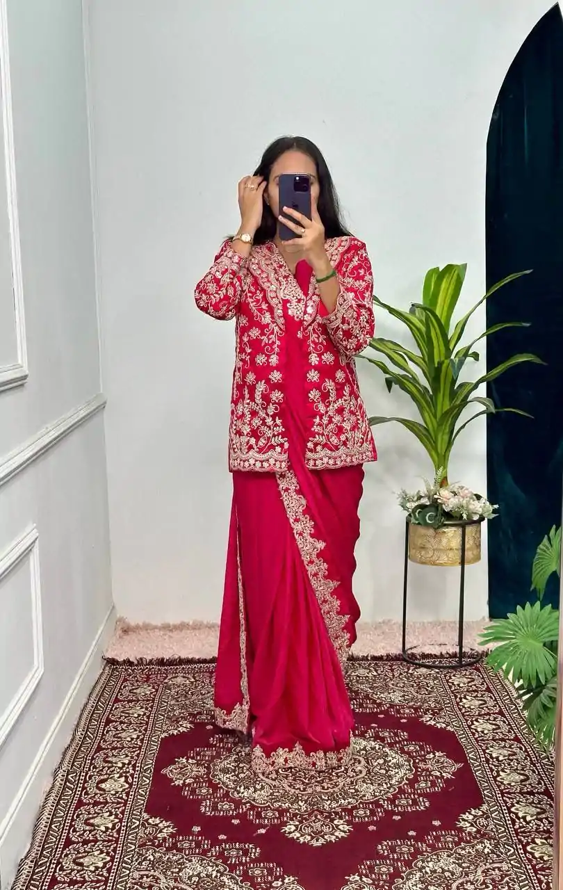 ST 1054 Red Color Chinon Work On Koti With Lace Border Saree Casual, Wedding, Festive, Events . Expected Delivery  4-6 Working Days @2199/- only                                                                                                                                           | Designer Sarees, Embroidered Sarees, Sarees, Bollywood Sarees, Creative Sarees, Ethnic Saree, Modern Digital sarees, Party Wear Sarees