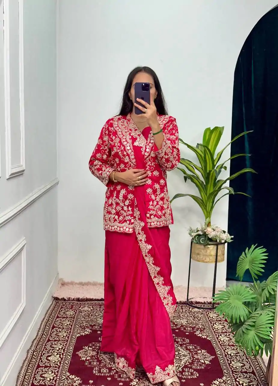 ST 1054 Red Color Chinon Work On Koti With Lace Border Saree Casual, Wedding, Festive, Events . Expected Delivery  4-6 Working Days @2199/- only                                                                                                                                           | Designer Sarees, Embroidered Sarees, Sarees, Bollywood Sarees, Creative Sarees, Ethnic Saree, Modern Digital sarees, Party Wear Sarees